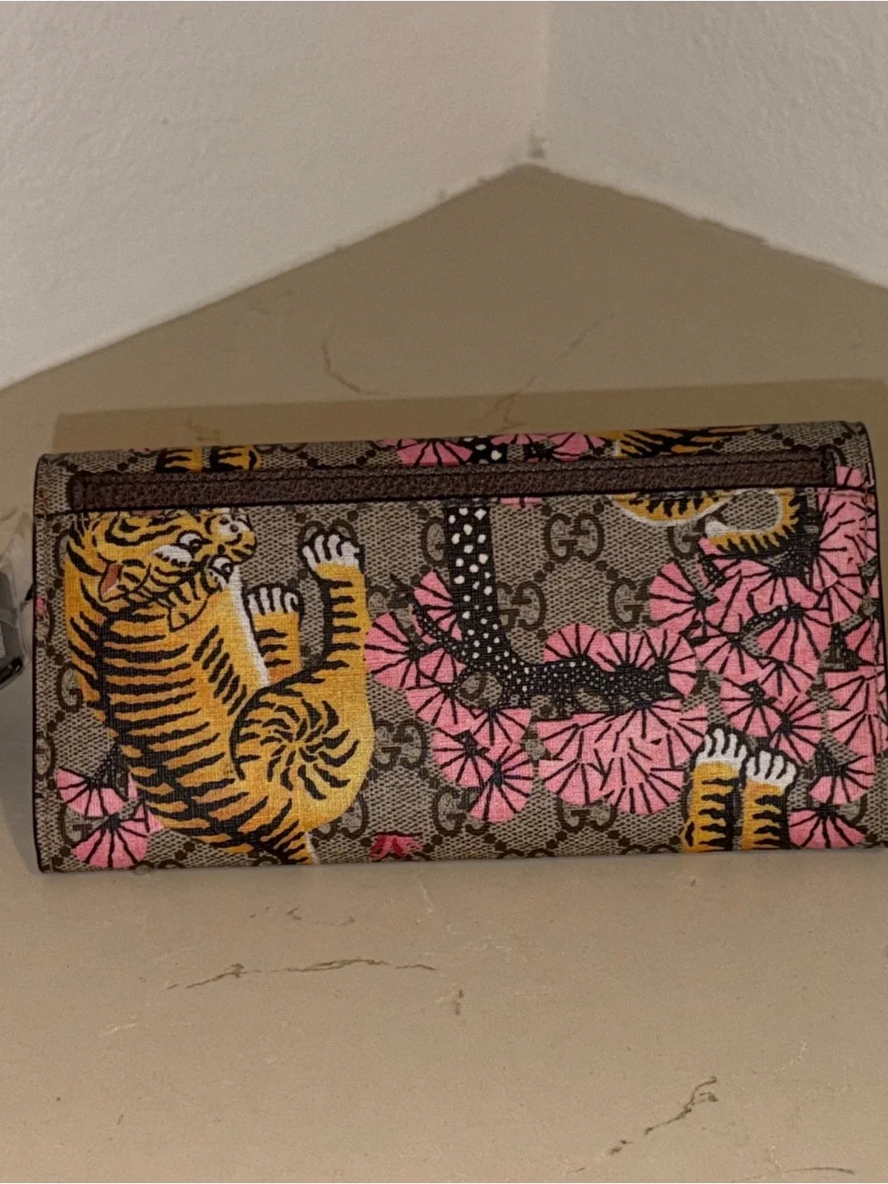 Gucci GG Supreme Floral & Tiger Continental Wallet - Pink & Yellow